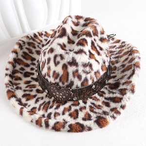 Sombrero Vaquero de Felpa con Estampado de Leopardo ZhenXi, Hebilla en Forma de Corazón, Accesorio de Moda para Mujeres y Hombres, Otoño-Invierno, Tallas M56-58cm - Product Image 1