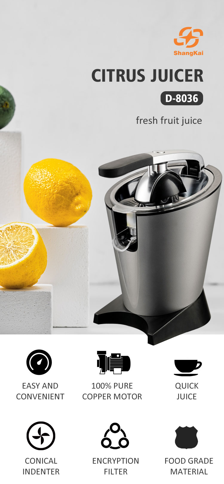 2022 New design high quality voltage machine kitchen appliances high power copper motor citrus juice extractor