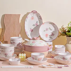 Retro Elegant Flower Purple Ceramic Tableware Set Porcelain Kitchen Home Hotel Restaurant Plates Bowls and Spoons