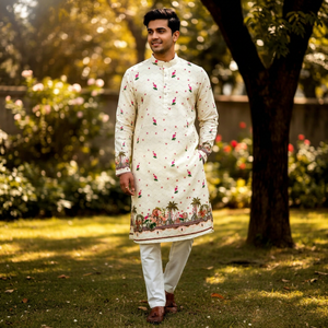 Kurta de Algodón para Hombre de NiMa Creations, Diseño Floral Bordado, Corte Regular, Largo hasta la Rodilla, Ropa Casual Tradicional India y Pakistaní - Product Image 1