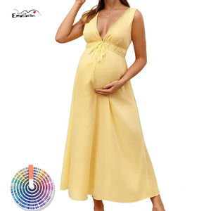 Abito <span class=keywords><strong>Premaman</strong></span> Estivo da Spiaggia Midi Senza Maniche con Scollo a V Profondo sulla Schiena, Scollo a V Incrociato, Vita Empire con Coulisse, Traspirante - Product Image 1