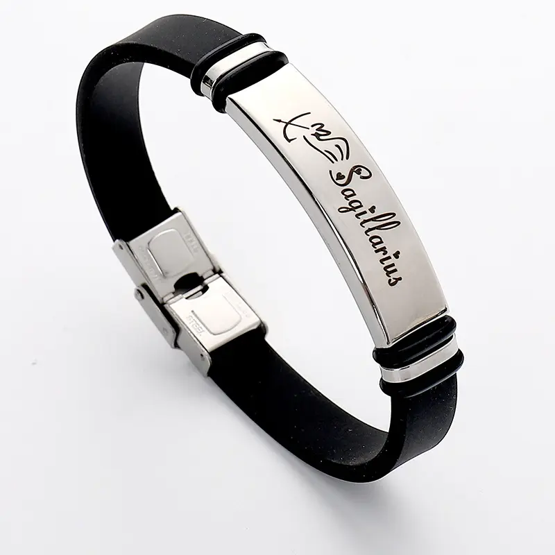 Neue Edelstahl Weiß Schwarz Silikon Gummi Anpassen Armreif Tierkreis Silikon Brief Paar Armband Für Studenten Teenager Geschenk