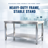 Table de préparation robuste à deux niveaux en acier inoxydable - Capacité de charge de 800 kg/m - Extensibilité modulaire - Bords renforcés - Pieds carrés