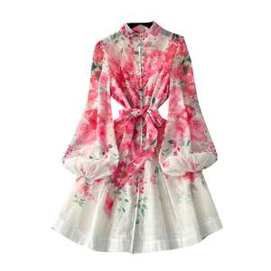 Vestido Midi Casual de Primavera Estilo Americano con Cuello Mao para Mujer, Manga Linterna, Estampado de Encaje, Morado - Product Image 5