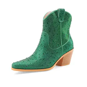 Sepatu bot berlian imitasi berkilau berkilau gadis sibuk AL4308 sepatu bot pergelangan kaki hijau merah muda panas untuk wanita sepatu dansa sepatu pesta koboi