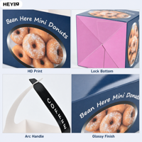 Boîte de transport en carton à ouverture supérieure avec poignée imprimée, fond à fermeture à pétales, pour donuts, pâtisseries, snacks, emballage à emporter