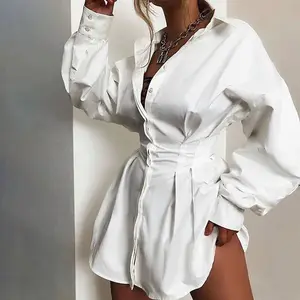 2019 nuevo Color sólido blanco profunda V plisado cintura Sexy camisa estilo calle vestido