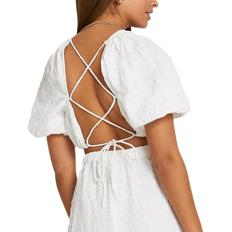 custom logo oem high quality lady fashion trendy summer female blouse women wholesale white Puff Sleeves tie back crop top