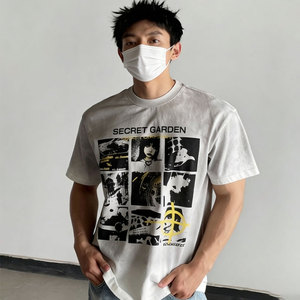 230g 100%コットン クルーネックTシャツ、ロックバンドアメリカンプリント、ウォッシュド加工ヴィンテージトップ、夏向けカジュアルルーズフィット - Product Image 3