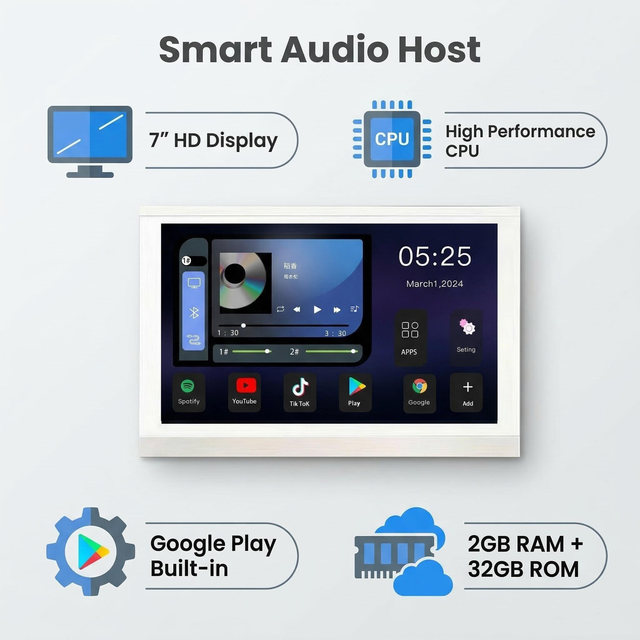 7 Inch Home Smart 8x30W Power in Wall Amplifier Android 11 Audio System Buletooths Sound Controls Panel WIFI Stereo Music Player
