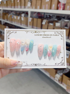<span class=keywords><strong>Faux</strong></span> ongles longs faits main en ABS, motif papillon <span class=keywords><strong>bleu</strong></span> <span class=keywords><strong>pastel</strong></span> et rose, avec perles, 10 pièces, à coller, finition brillante douce, pour usage quotidien - Product Image 1