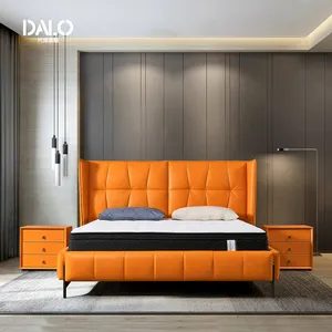 批发别墅酒店卧室家具实木框架床套橙色皮革床头板特大双人床