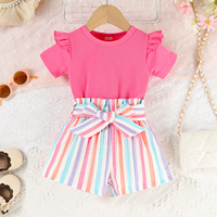 Ensemble de 2 pièces pour bébés filles de 3 à 24 mois, haut à manches volantées rayé arc-en-ciel, t-shirt uni, pantalon court plissé, vêtements pour enfants en bas âge