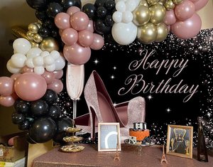 Rose Gold Glitter Gelukkige Verjaardag Achtergrond Hoge Hakken Champagne Glas Fotografie Achtergrond Voor Volwassen Vrouwen Verjaardagsfeestje - Product Image 2