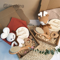 Offre Spéciale bébé douche ensemble cadeau bébé couverture de bain bavoir bois hochet sucette clip mouchoir fait à la main Crochet animaux