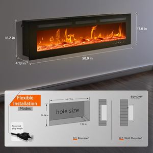 Chimenea Eléctrica EUHOMY de 50 Pulgadas para Montar en la Pared con Llama de Color Ajustable y Control Remoto, Calentador Moderno de Vidrio Templado Negro - Product Image 5