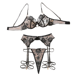 Lism mô hình hoa sexy Gọng ba mảnh đồ lót thiết lập với Thêu xem qua thiết kế Nylon/Chất liệu cotton - Product Image 5