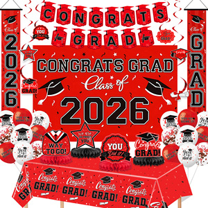 Graduation Party Decoration Set 2026 Red Black <b>Tablecloth</b> Banner Balloons Graduation Season Decorations - Product Image 1