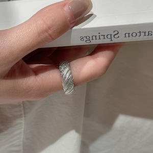 S925 Pure Silver Diagonal <b>Ring</b> Niche Design Simple Lightweight Vintage Style Jewelry Claw Inlay Brushed Open <b>Fingerprint</b> - Product Image 3