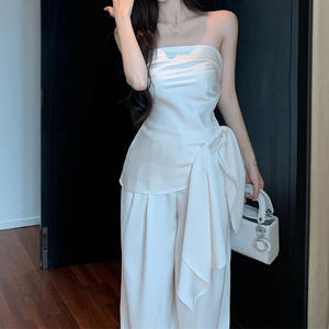 Conjunto de Top Corto sin Tirantes Blanco Vintage y Pantalones Anchos de Gasa para Mujer, Estilo Casual de Verano, Tela de Poliéster - Product Image 3