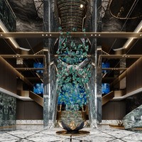 Lustre en verre vert émeraude ANNO avec pièces facettées flottantes, luminaire suspendu personnalisé pour réception d'hôtel de luxe
