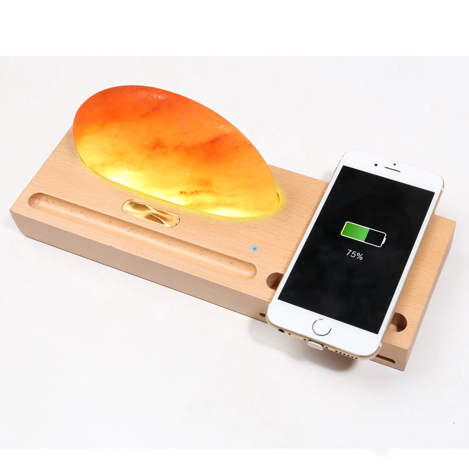 2024 Amazon Shopify eBay Dropshipping orgoglio pietra sale himalayano Base in legno decorazione lampada da tavolo con caricatore Wireless Qi amplificatore