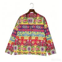 Damen Bunter Boho Blumendruck Cardigan Vintage Ethnisches Gestreiftes Muster Strickjacke mit Knöpfen Vorne Langarm Modischer Pullover