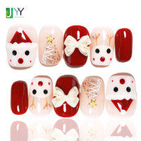 Ongles à presser en gel de Noël peints à la main, nœud 3D, ensemble d'ongles artificiels mignons, réutilisables, de haute qualité, faits à la main, en acrylique, sur mesure
