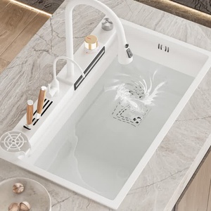 White <b>large</b> size single bowl kitchen sink under counter basin stainless steel dishwashing basin with knife holder - Product Image 6