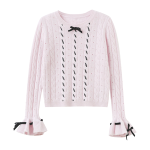Nouveau Pull en <span class=keywords><strong>Laine</strong></span> Tricoté 100% <span class=keywords><strong>Rose</strong></span> à Col Rond, Coupe Ajustée, Manches Coréennes à Nœud Creux, Style Coréen Doux et Tendance, Collection Printemps-Automne 2026 - Product Image 4