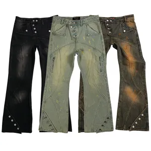 DiZNEW Vintage Stacked Pants 100% Cotton Wholesale Men Side Button Jeans Flared Denim Jeans