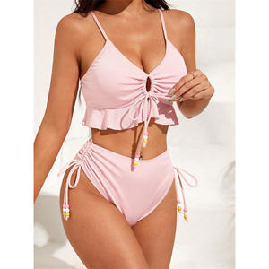 Traje de baño dividido a la moda para mujer, diseño de cintura alta, bikini conservador con detalles de cordón - Product Image 3