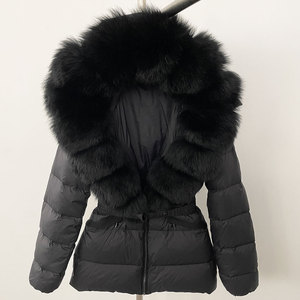 Áo khoác ngắn màu kaki dành cho nữ cỡ lớn lông tơ thật Fox <span class=keywords><strong>Fur</strong></span> Hood Trim mùa đông ấm áp Áo khoác phao có dây rút eo - Product Image 5