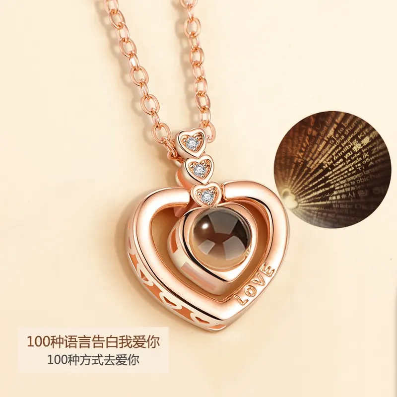 Valentines Day Gifts 100 Languages I Love You Rose Gold Silver Love Memory Projection Zircon Heart Rose Pendant Necklace