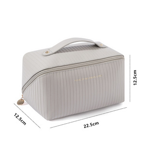 Striped <b>Pillow</b> <b>Shaped</b> Makeup Bag Large Capacity Portable Travel Cosmetic Storage Toiletry Bag For Women Pink Beige Gray Brown - Product Image 3