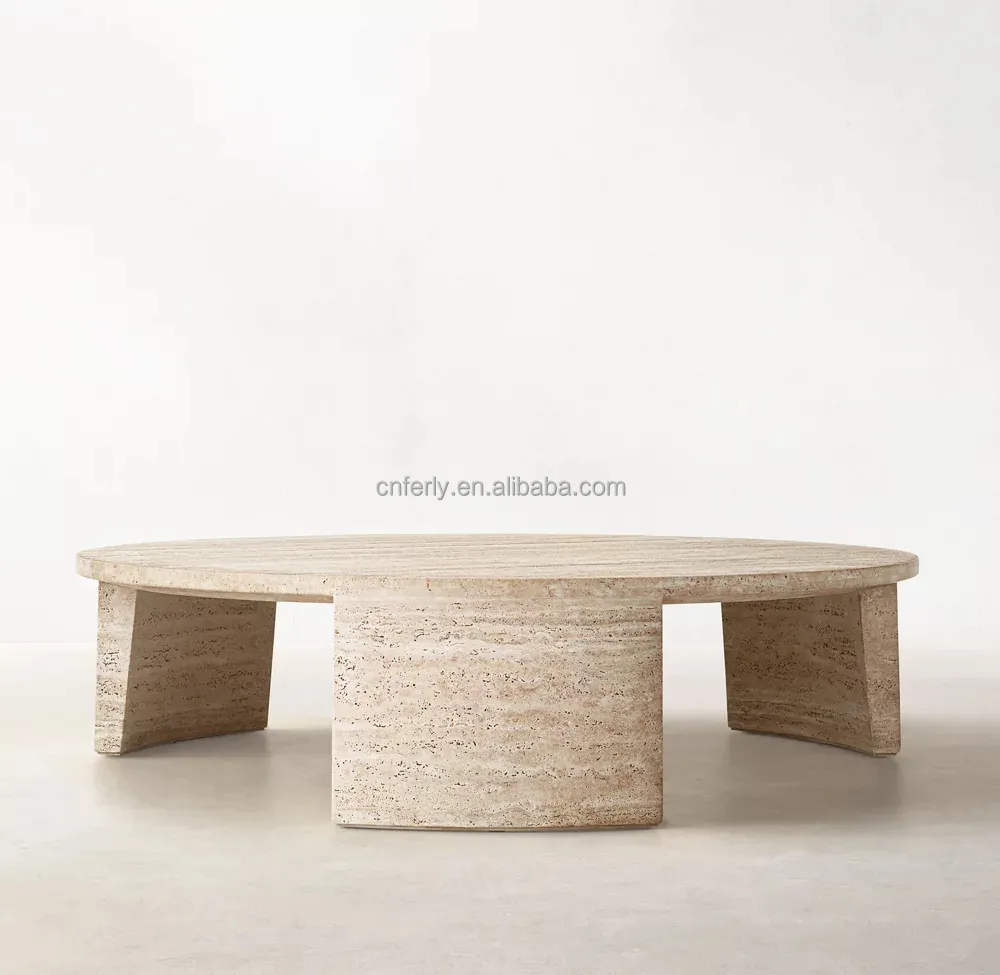 Modern Luxury Modern Design End Table Furniture Living Room Bedroom Home Natural White Travertine Wooden Round Coffee Table