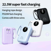 Batterie externe ultra-fine 10000mAh 20W à charge rapide, affichage numérique et câble intégré, chargeur de téléphone portable