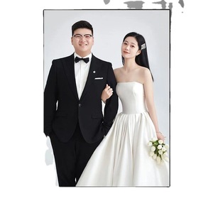 Strapless Satin Ball Gown Wedding Dress Natural Waist White Floor Length With Train Simple Style For Bridal Portrait Photography - Product Image 2