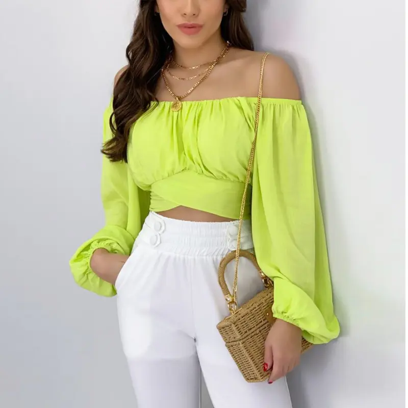 Custom Spring Summer Sexy Solid Color Puff Sleeve Plain Crop Top Shirt Blouse for Women