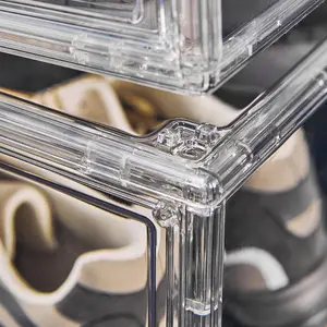Kotak sepatu akrilik transparan plastik, kotak pengatur sepatu sneaker kualitas tinggi dapat ditumpuk pintu magnetik