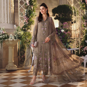 Élégant Salwar Kameez en velours de soie beige avec broderie florale, longueur cheville, coupe classique, robe de mariage traditionnelle pour femme, Inde - Product Image 1