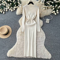 Robe midi en tricot à manches longues pour femme, robe élégante à col, robe moulante pour le bureau en automne