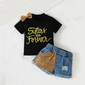 Nuovo Set Estivo alla Moda <span class=keywords><strong>per</strong></span> <span class=keywords><strong>Ragazze</strong></span> 2-14 Anni: T-Shirt Nera con Paillettes Dorate e Shorts in Denim, Casual e Traspirante - Product Image 5