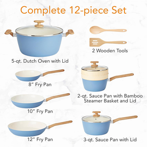 Ensemble de casseroles de haute qualité avec revêtement céramique, compatible gaz et induction, couvercle en verre, passe au lave-vaisselle et au four, poignée en bois douce au toucher - Product Image 2