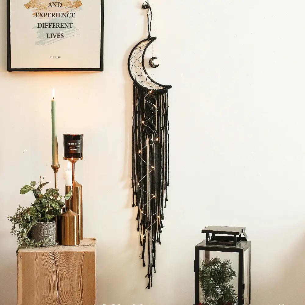 2022 Baru Datang Buatan Tangan Bulan Hiasan Dinding Permadani Boho Dekorasi Rumah Seni Macrame dengan LED Luminous Dream Catcher Dreamcatcher