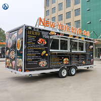 Remorque de restauration mobile Honlu, food truck carré à double essieu, entièrement équipée pour la vente de burgers, sandwichs et autres plats préparés.