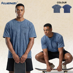 Camiseta Kuenzi para Hombre, Color Denim Lavado, con Bolsillo, 240GSM, 80% Algodón, 20% Poliéster, Estilo Vintage, Hombros Caídos, Estilo Urbano, OEM - Product Image 1