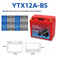 Batterie de démarrage pour moto et outils électriques 12,8 V YTX12A-BS LiFePO4 avec BMS intelligent et affichage LED, 400 A CCA, 2000+ cycles