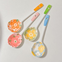 Sendok Sup Keramik Gagang Panjang Four Seasons Motif Bunga Warna Underglaze Desain Jepang/Minimalis Peralatan Makan Berkualitas Tinggi