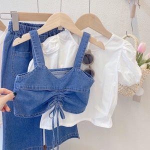 Ropa Infantil de Verano, Nuevo Conjunto de Mezclilla para <span class=keywords><strong>Niñas</strong></span>, Camisa con Camisola y Pantalones Anchos de Pierna, Conjunto de Tres Piezas, Venta al por Mayor para <span class=keywords><strong>Niñas</strong></span> - Product Image 3